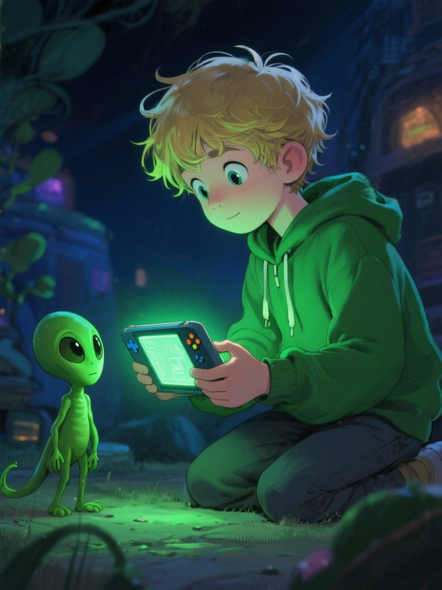 Boy and Alien Play Handheld Game in Magical Light