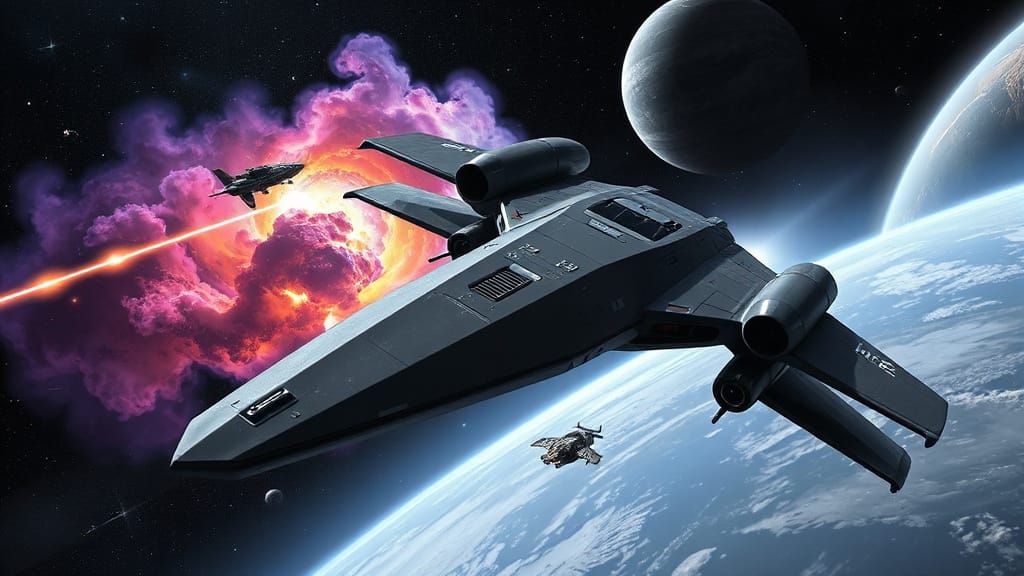Sleek Corsair Warship Chases Pirate Freighter Through Cosmic...