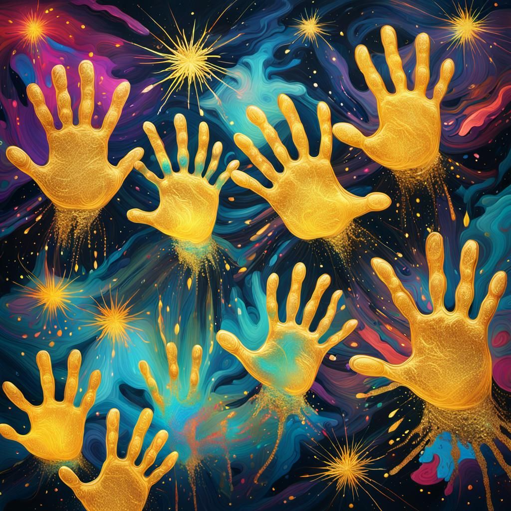 Abstract Expressionism: Golden Squiggles on Colorful Canvas