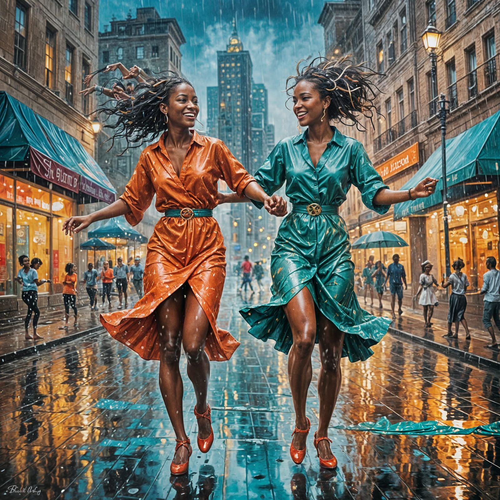 Two Women Dancing Joyfully in Rainy Cityscape