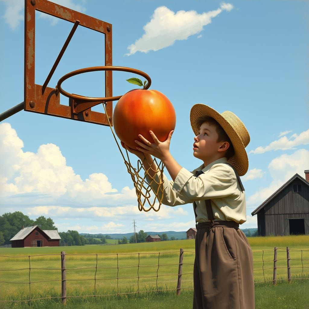 Amish Boy Plays Basketball in Folk Art Style