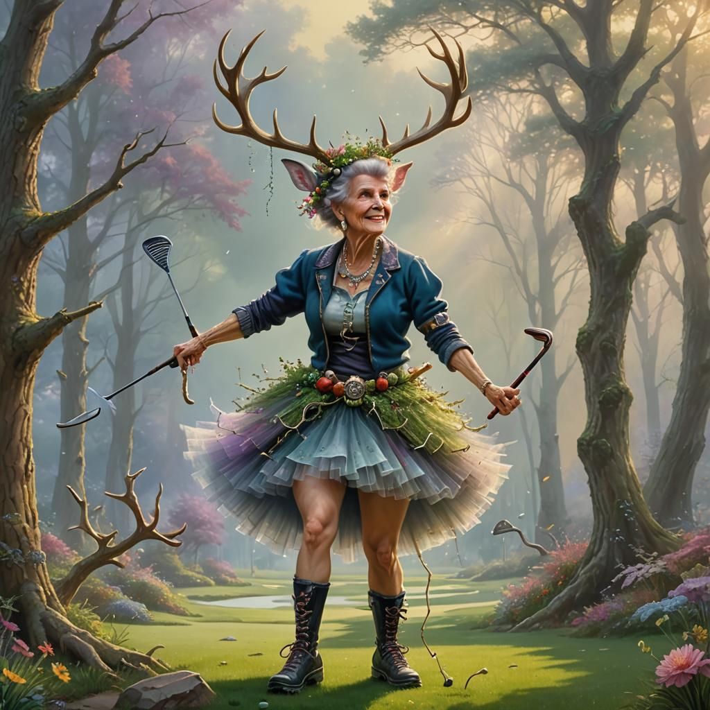 Punk Rock Golfer with Antlers in Ethereal Landscape
