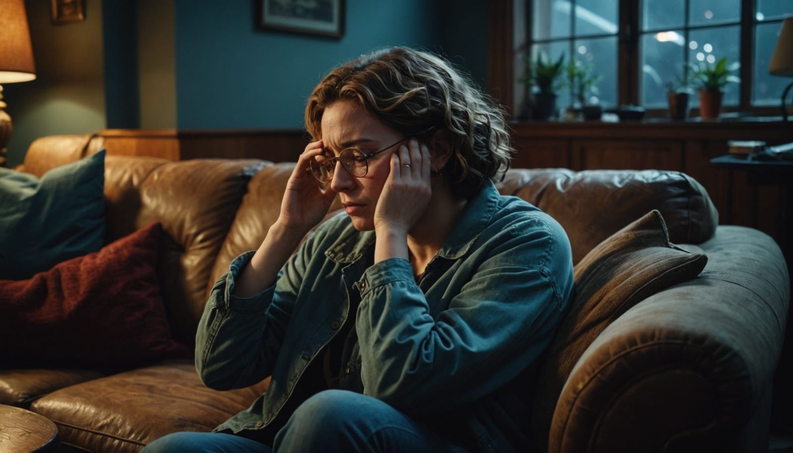 Sad Woman Wiping Tears in Dimly Lit Room