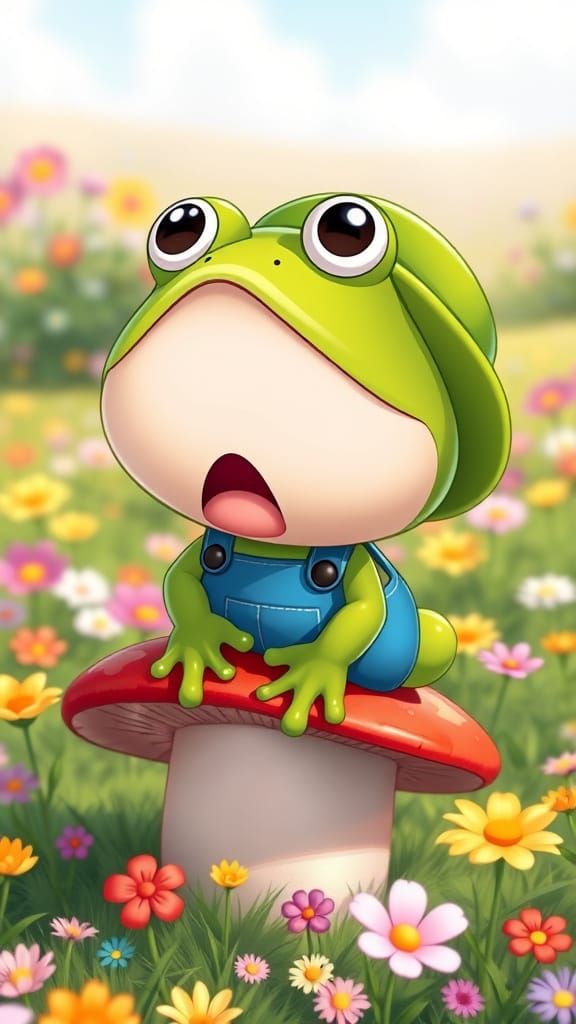 Chibi Cartoon Frog in Vibrant Meadow