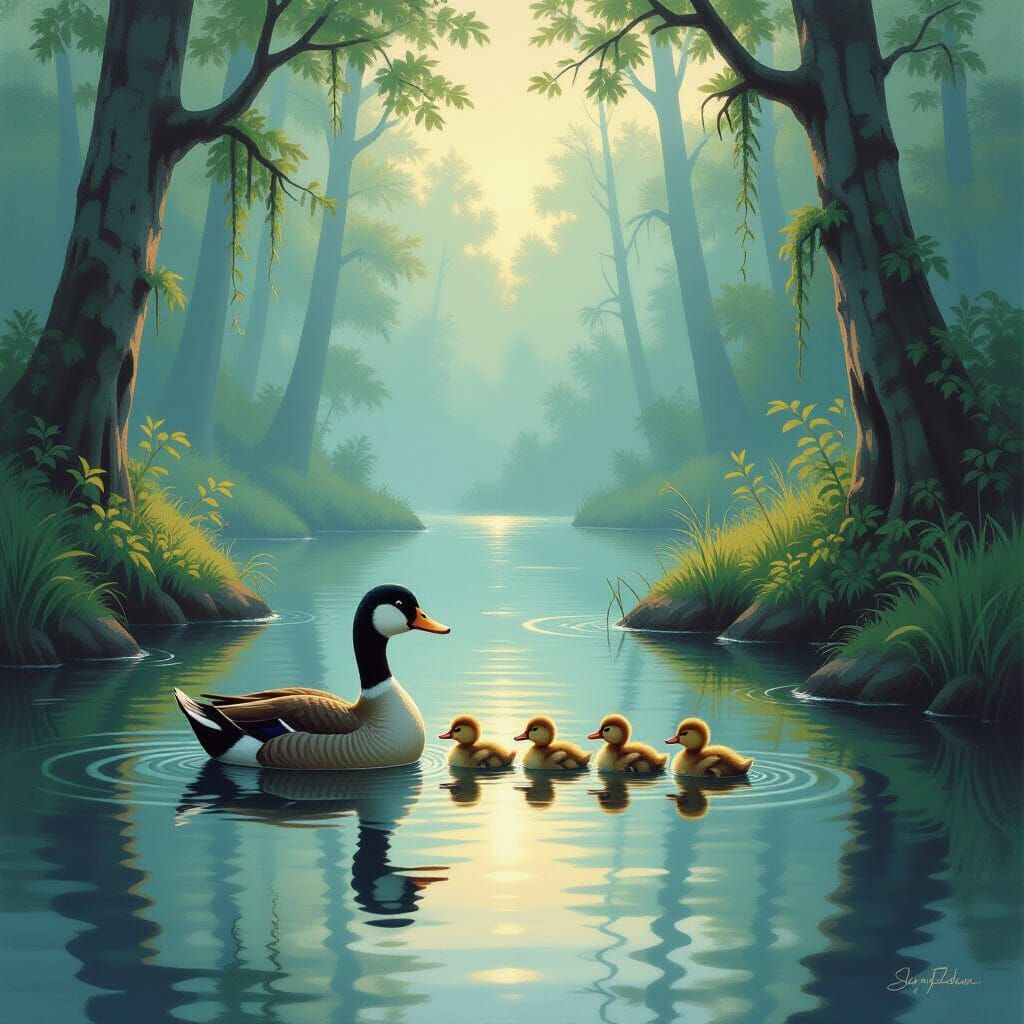 Duck Family Crossing Pond in Muted Realism Style
