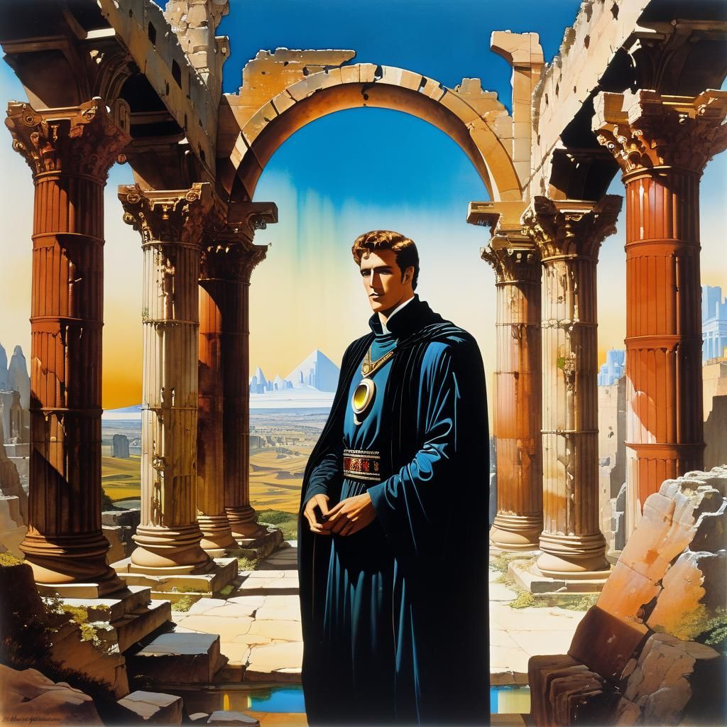 Futuristic Traveler in Ancient Ruins, Cel-Shaded Style
