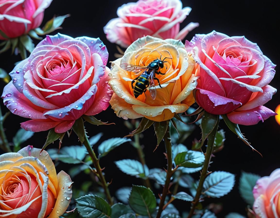 Holographic Wasp in Black and White Watercolor