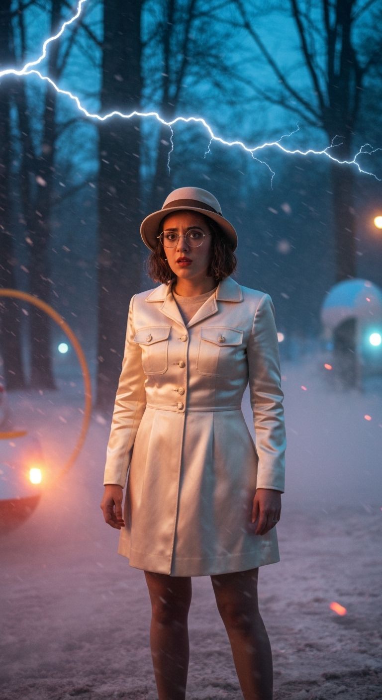 Mandy Valdez in Mist-Covered Park with Swirling Snow