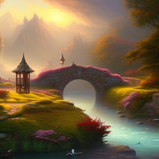 Stone Bridge with Swans in Colorful Fantasy Style