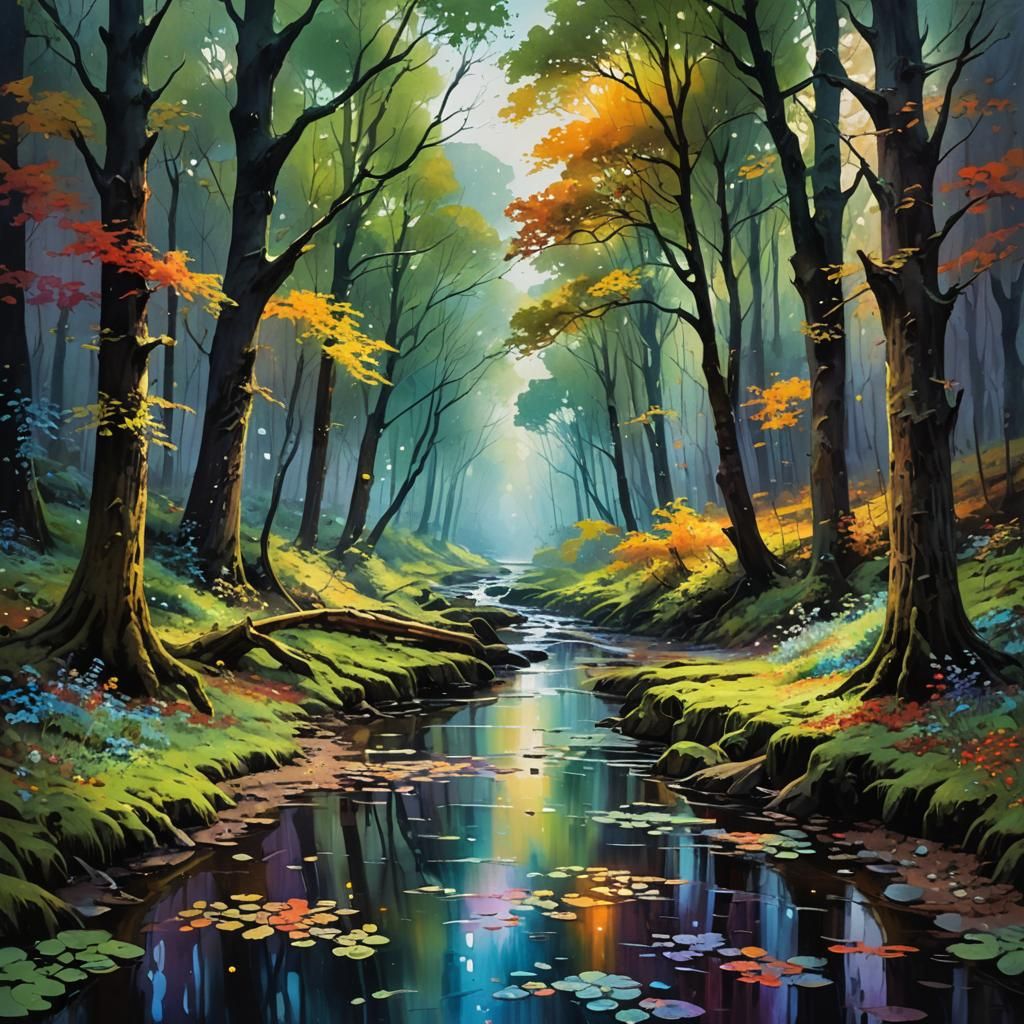 Colorful Space Forest Creek: Post-Impressionistic Oil Painti...