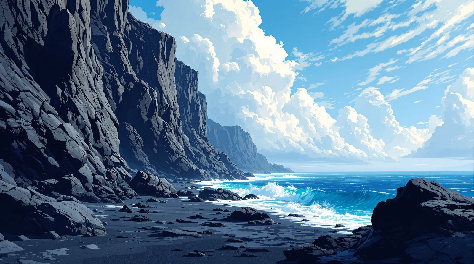 Black Lava Rocks on Ocean Cliff in Kelly Freas Style