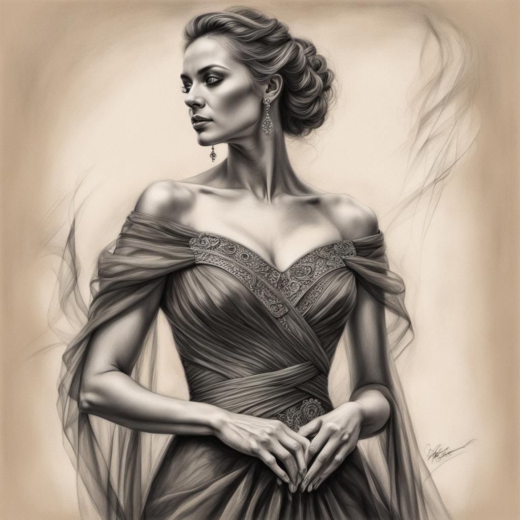 Charcoal Drawing of Woman in Flowing Gown