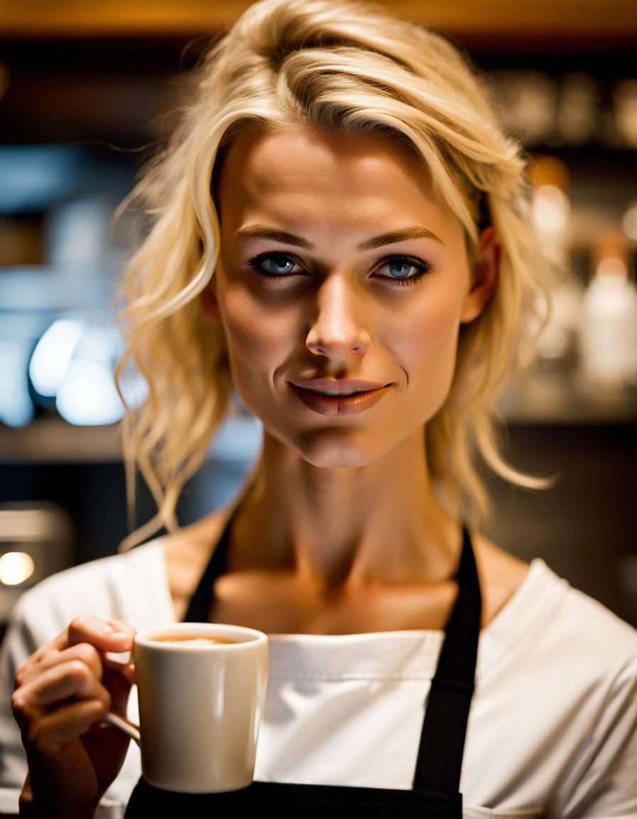 Blonde Barista Close-Up at Night