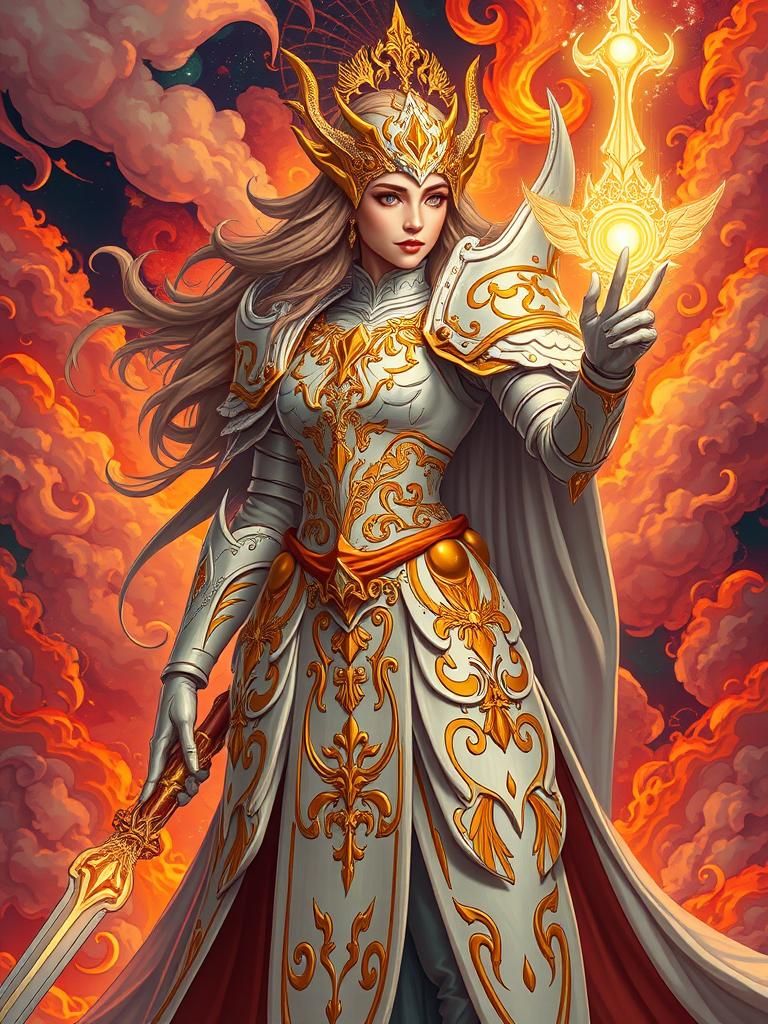 Fiery Paladin in Ornate Armor, Vaporwave Style