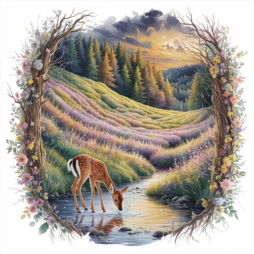 Mystical Forest Portal Painting with Fawn in Meadow