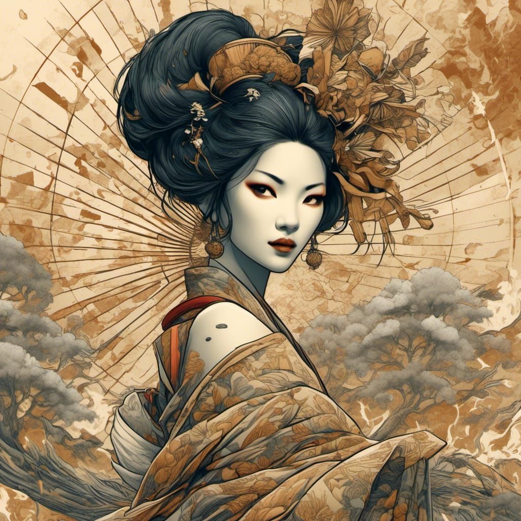 Geisha Warrior in Epic Battle with Ink Elements