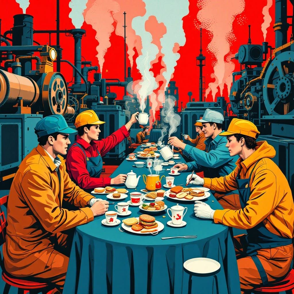 Retro Futuristic Workers' Tea Party in Bold, Bright Colors