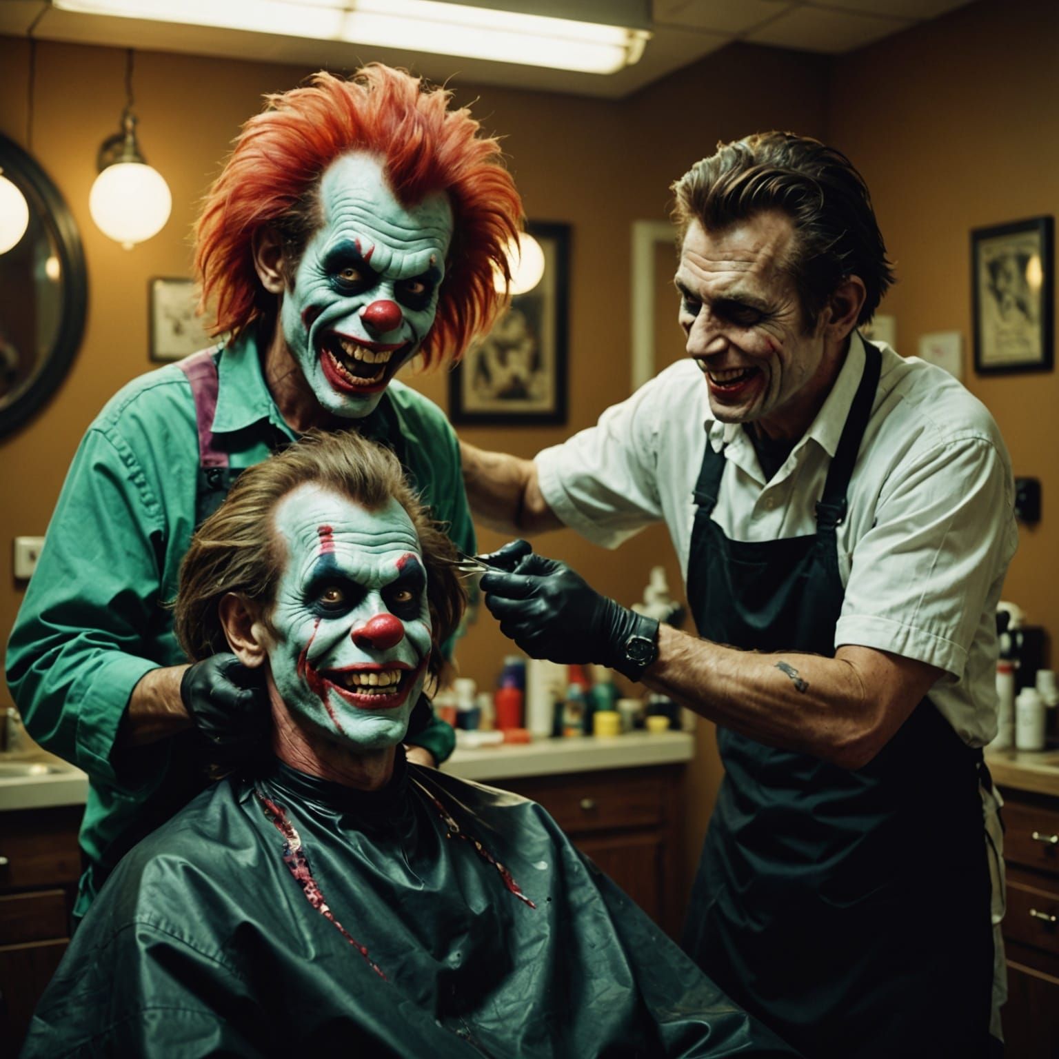Zombie Clown Monkey Beautician Cutting Hair: Film Still