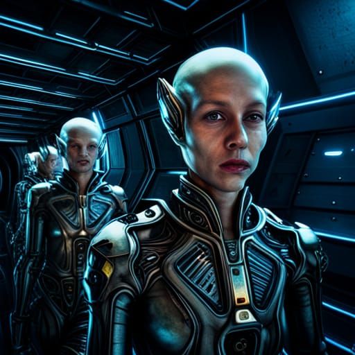 Alien Cyborgs in Asteroid Prison: Hyperrealistic Close-Up