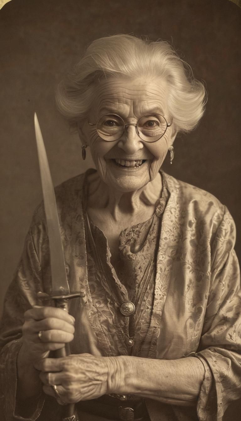 Creepy Old Lady with Knife in Sepia Photograph