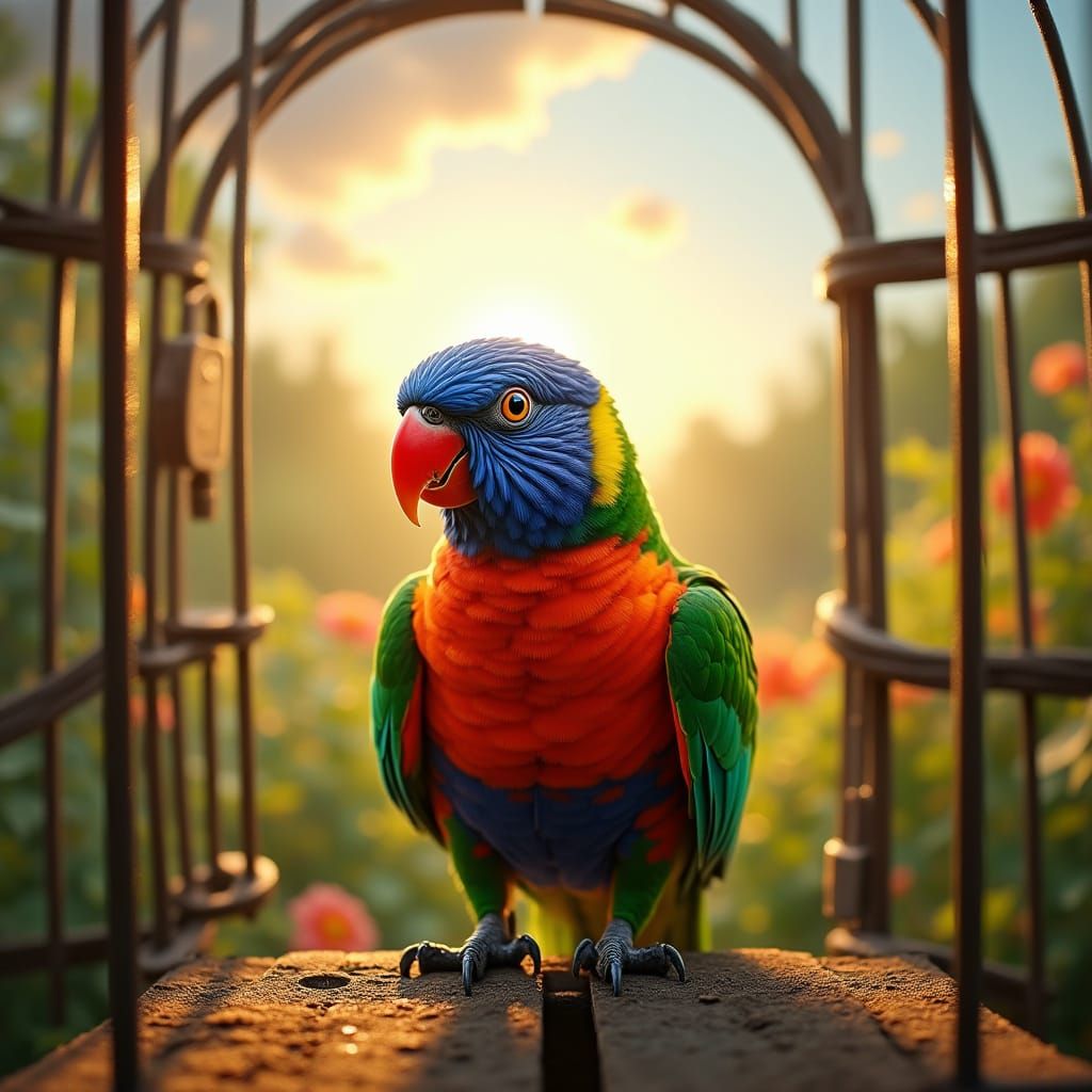 Vibrant Parrot Emerges from Cage in Photorealistic Scene