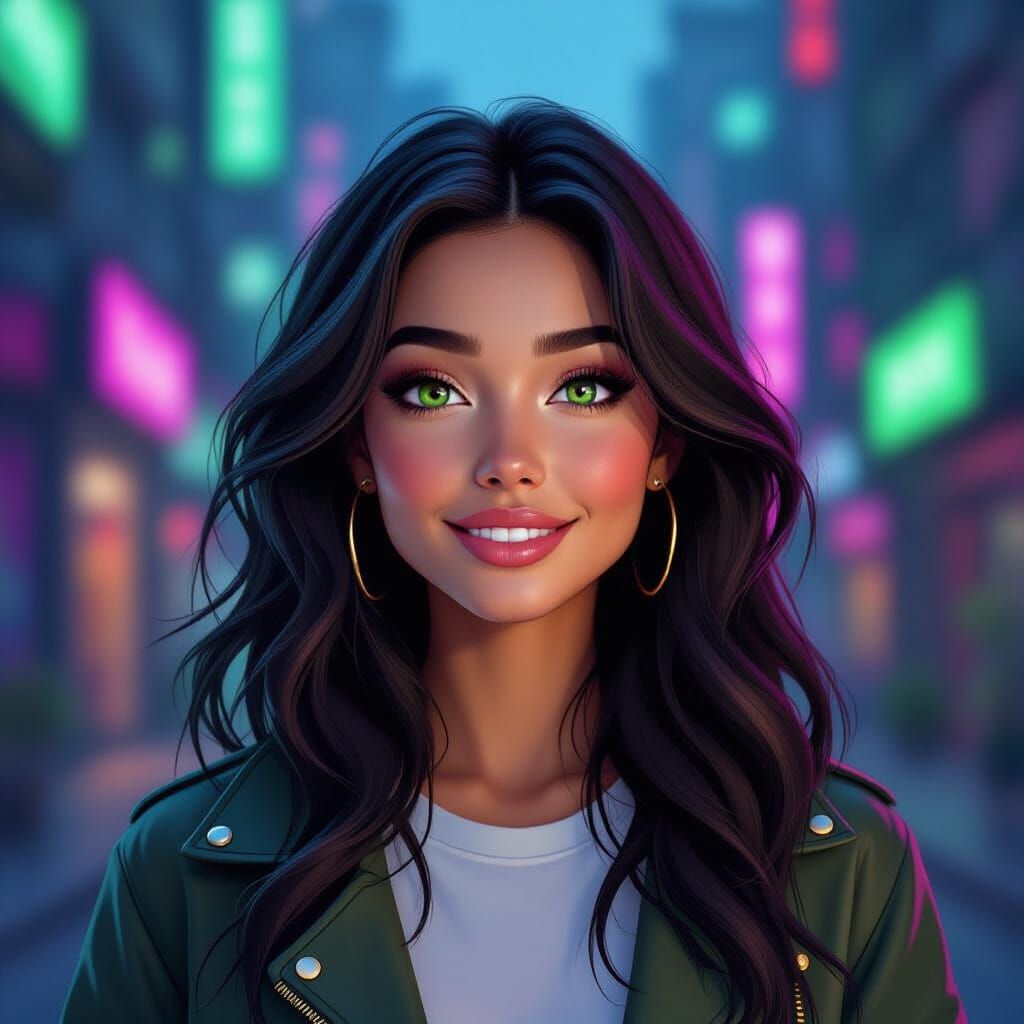 AI Influencer with Green Eyes in Futuristic Streetwear