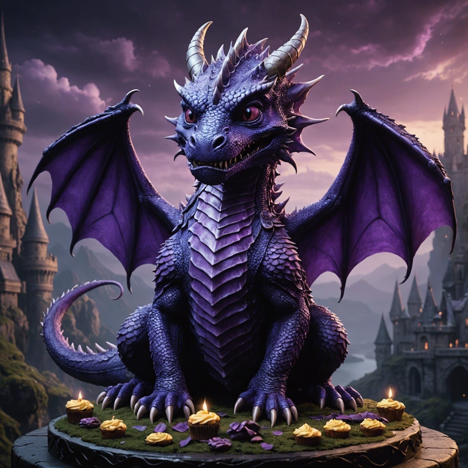 Purple Dragon Baby with Cake: Digital Matte Painting
