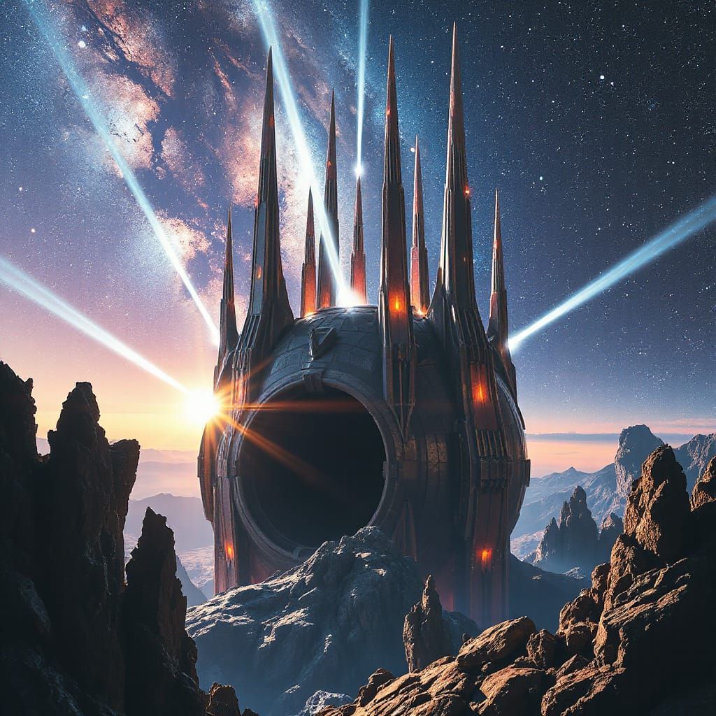 Futuristic Birch World Megastructure with Energy Beams