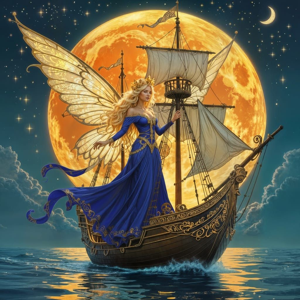 Queen Mab Navigates Calm Seas Under Giant Orange Moon