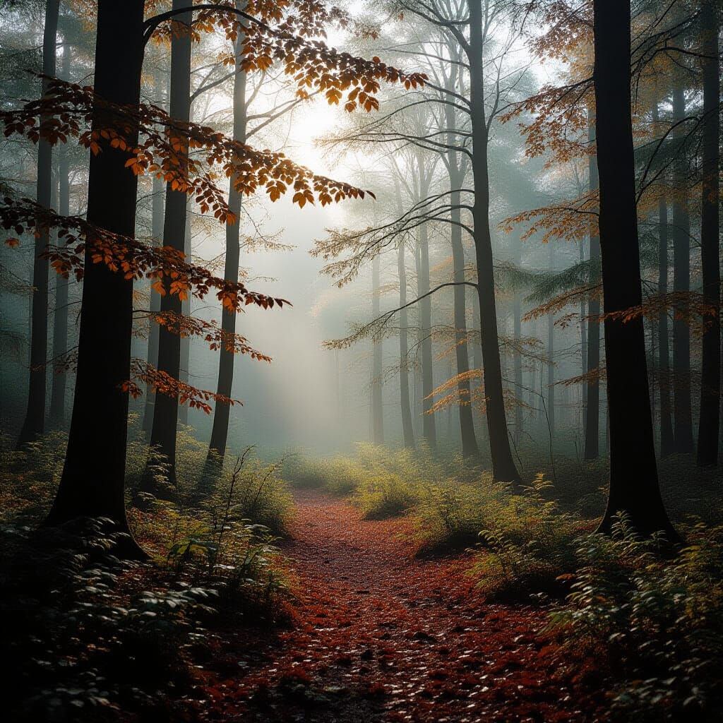 Misty Forest: Cinematic Film Still in Earth Tones