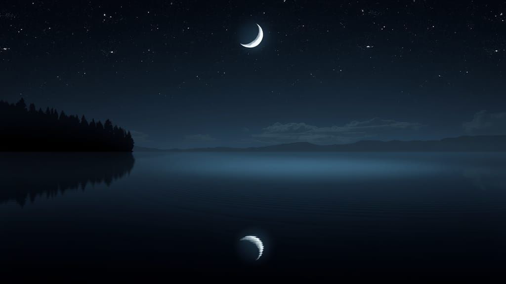 Crescent Moon Reflected in Lake: Dreamlike Illustration