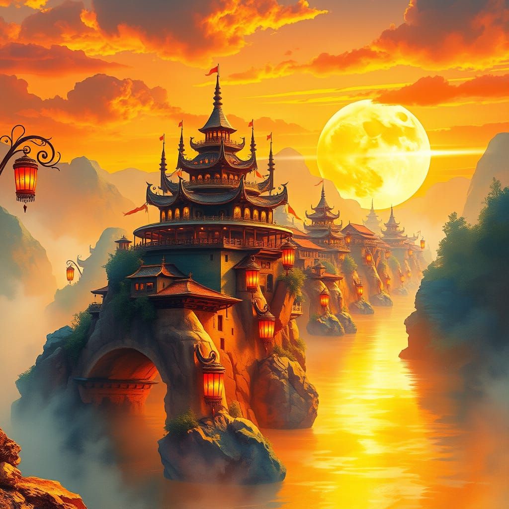 Dreamlike Cityscape at Sunset in Watercolor-Inspired Style