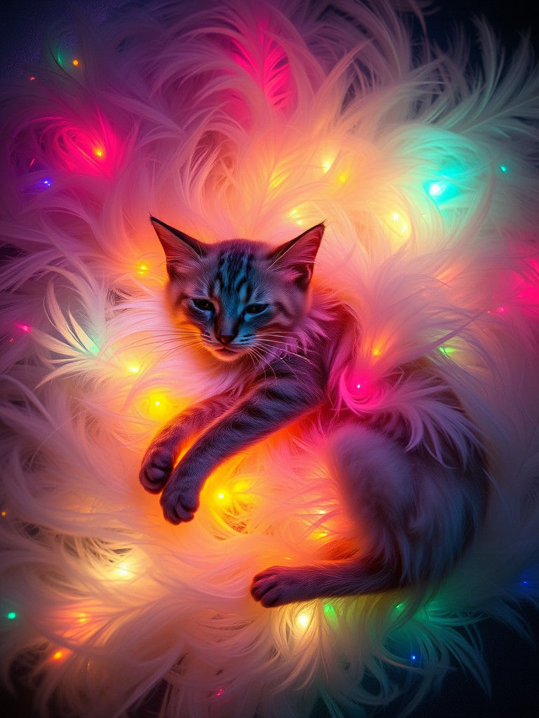 Surreal Bioluminescent Cat in Feathered Aurora