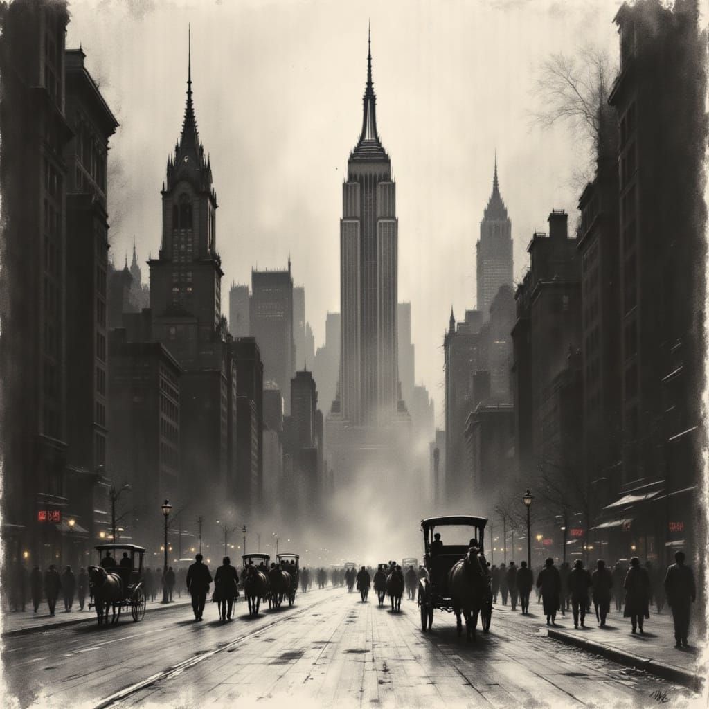 Dramatic Charcoal Rendering of Early 20th Century New York C...