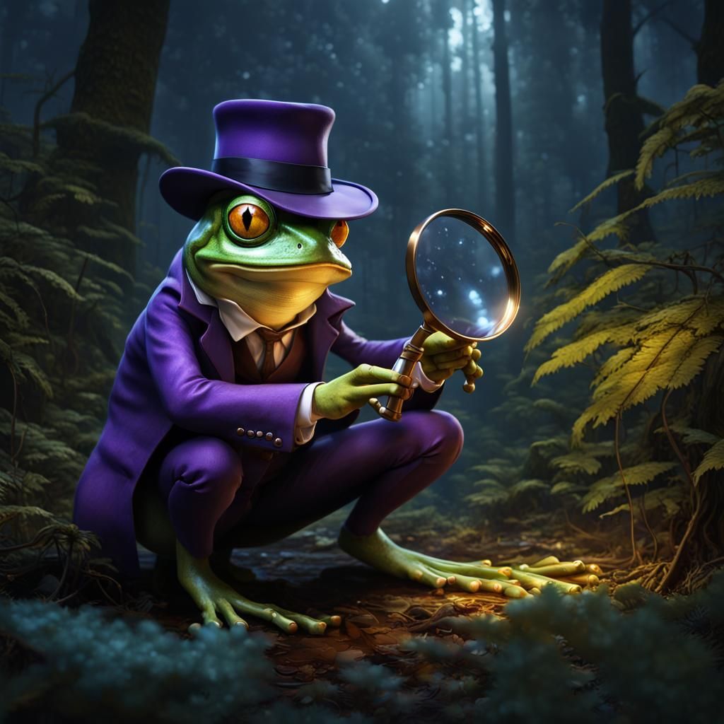 Frog Detective in Dark Forest, Hyperdetailed Fantasy Art