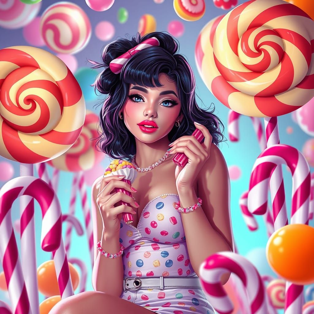 Woman in Candyland with Sweets, Hyperrealistic Digital Art