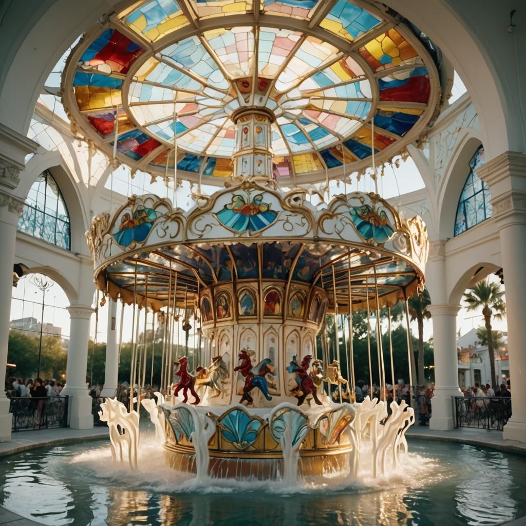 Stained Glass Carousel Fountain in Cinematic Style