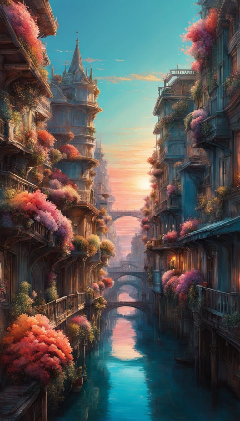 Floral Cityscape in Digital Watercolor Style