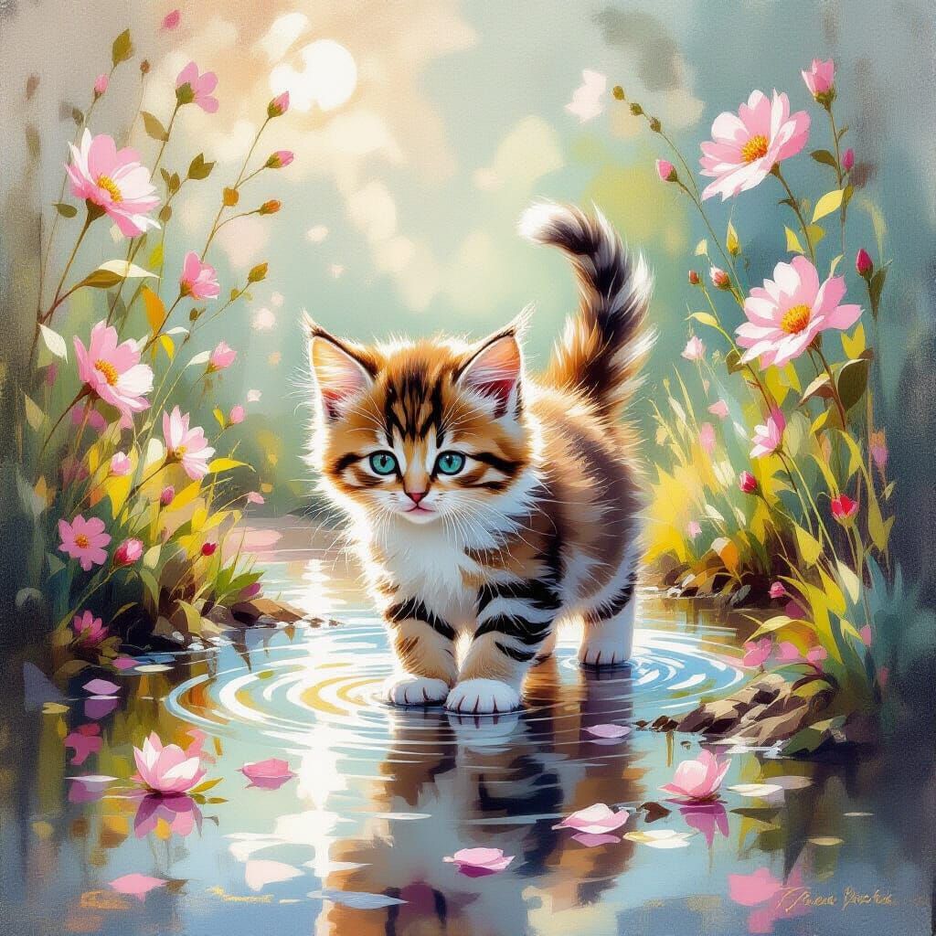 Kitten Playing in Puddle as Impressionist Painting