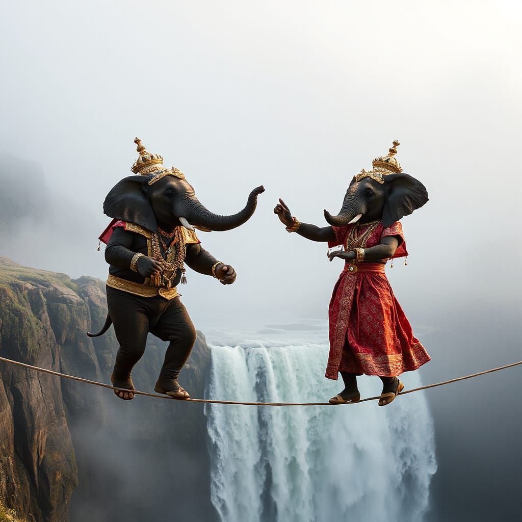 Imagine two elegantly dressed elephants, one male one female, gracefully performing the cha-cha atop a delicate tightrop...