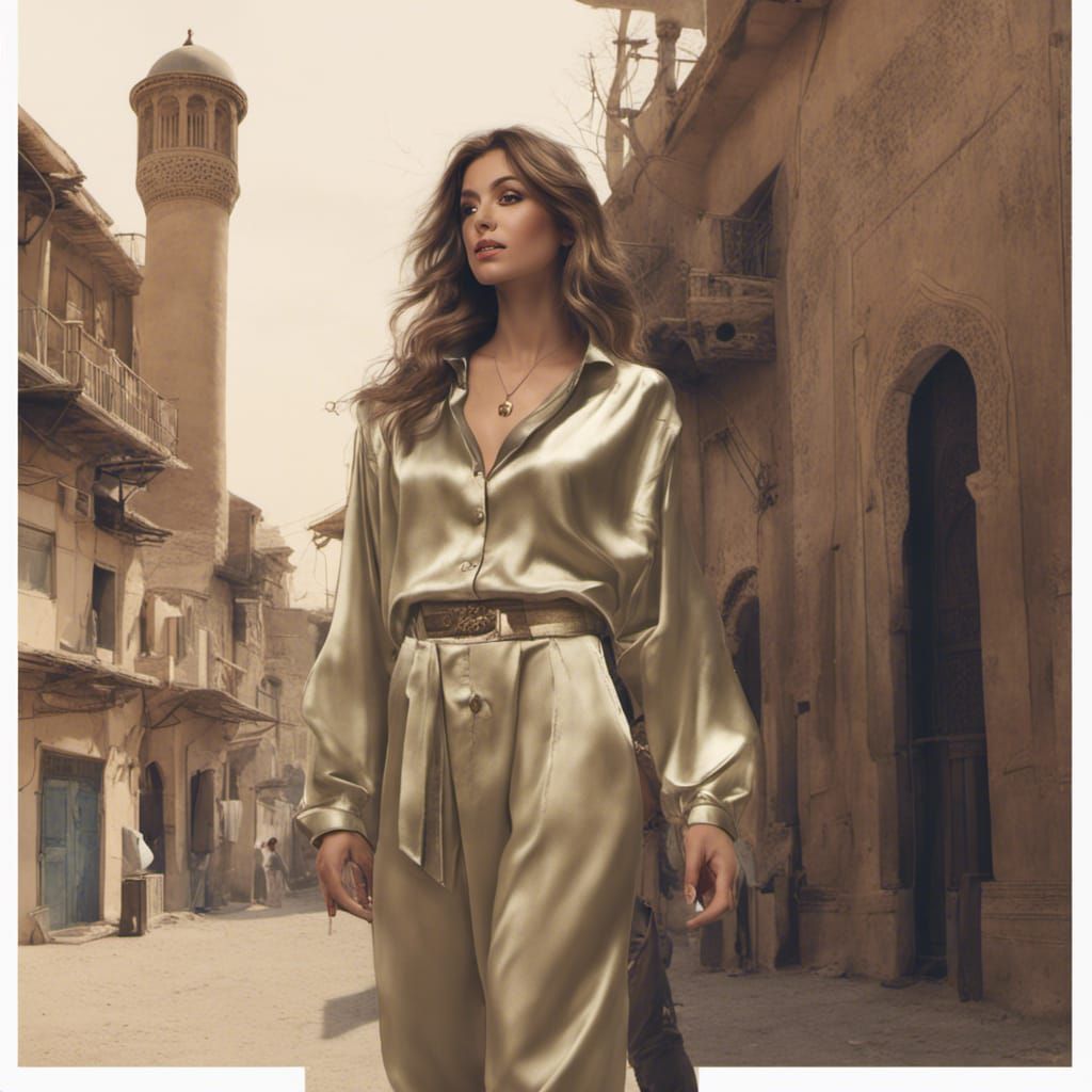 Lebanese Woman in Satin Near Minaret