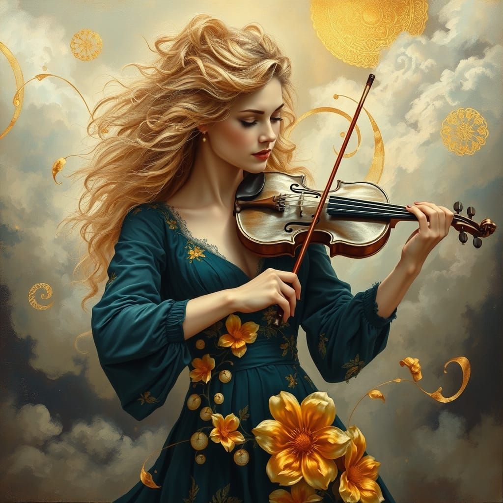 Surreal Oil Painting of Blonde Violinist in Dreamlike Landsc...