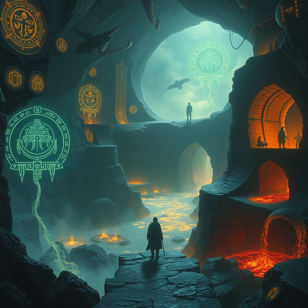 Surreal Underworld Realm with Labyrinthine Tunnels and Celes...