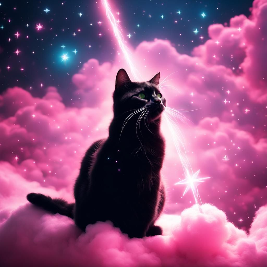 Neon Pink Cat with Star Wand on Clouds