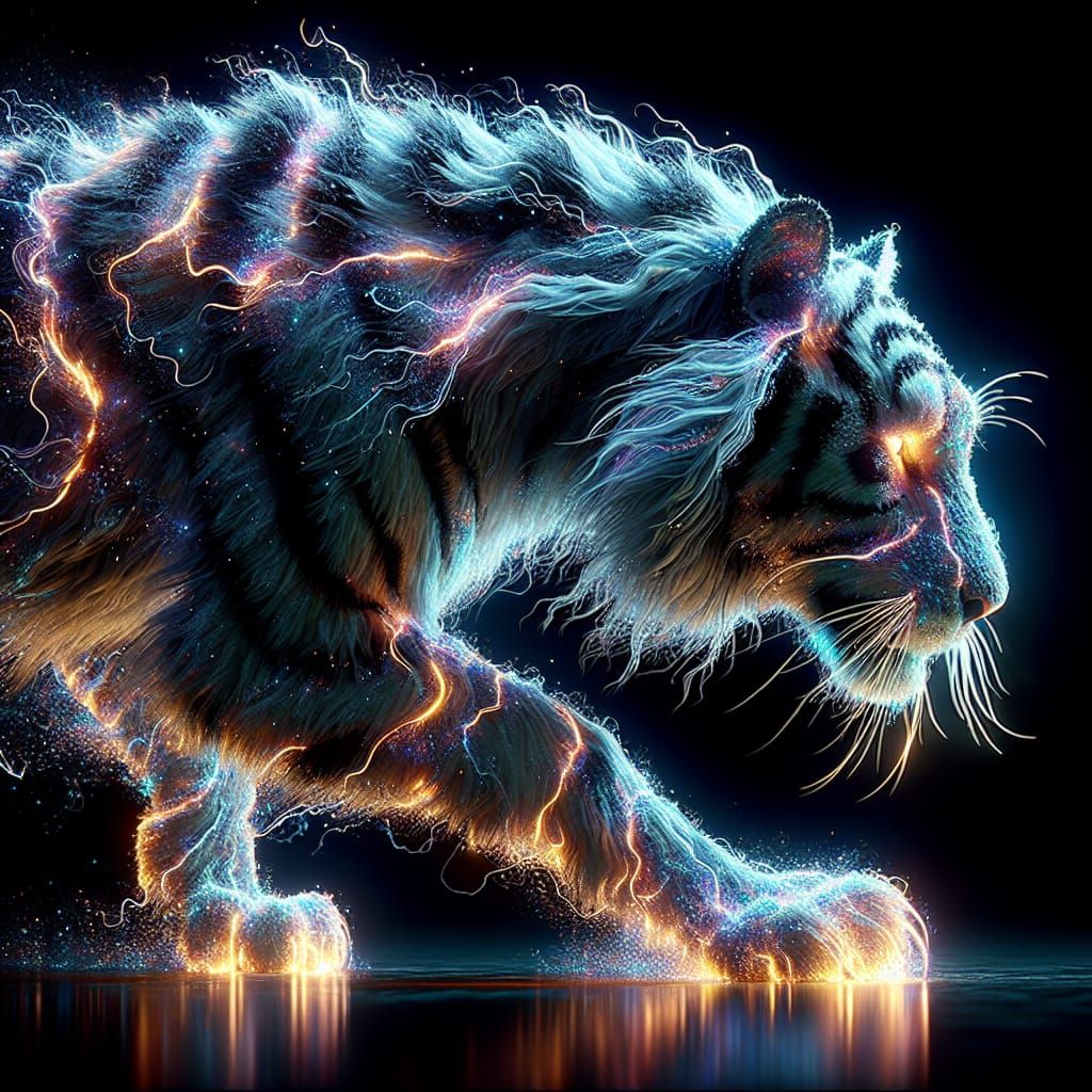 Luminescent Tiger Disintegrating into Glittering Dust