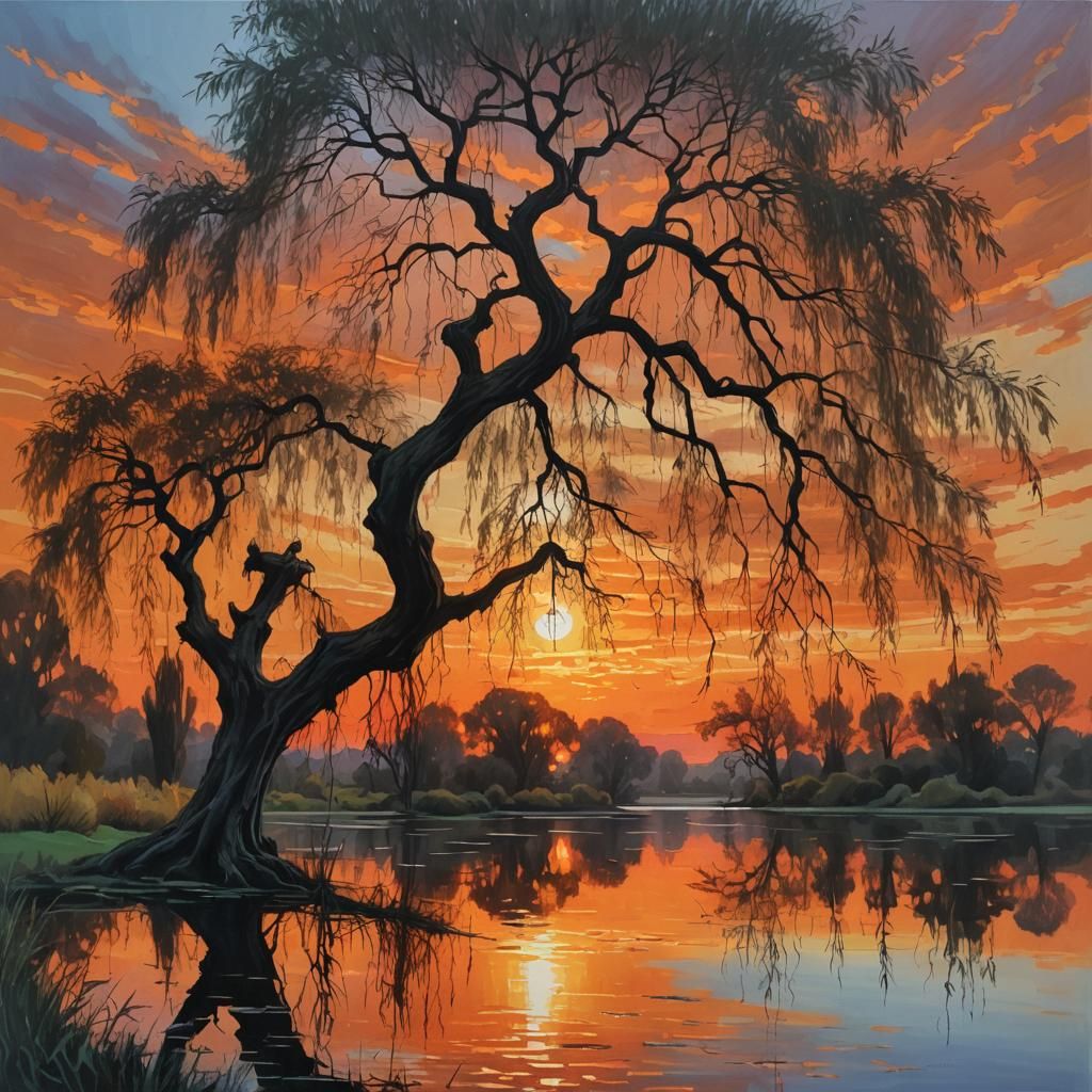 Surreal Orange Sunset Over Lake, in Pre-Raphaelite Style