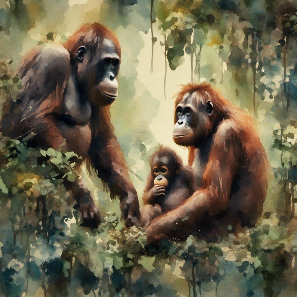 Orangutans in Jungle Setting, Ink Watercolor Style