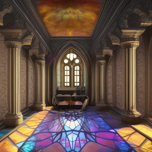 Cosmic gothic penthouse with gothic ceiling& gothic lights& shimmery Cosmic gothic furniture & labradorite tables& labra...