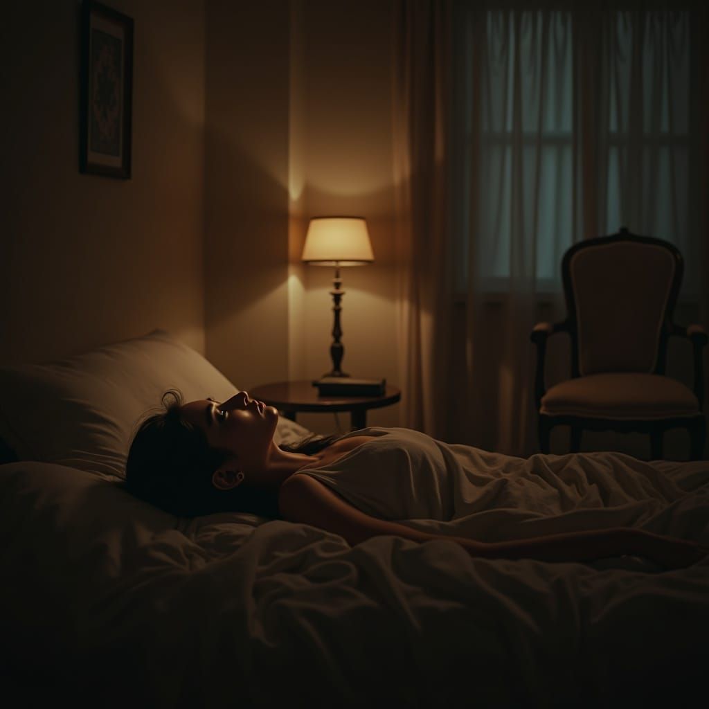 Woman's Longing in Twilight Bedroom, Mirror Reflects Emptine...