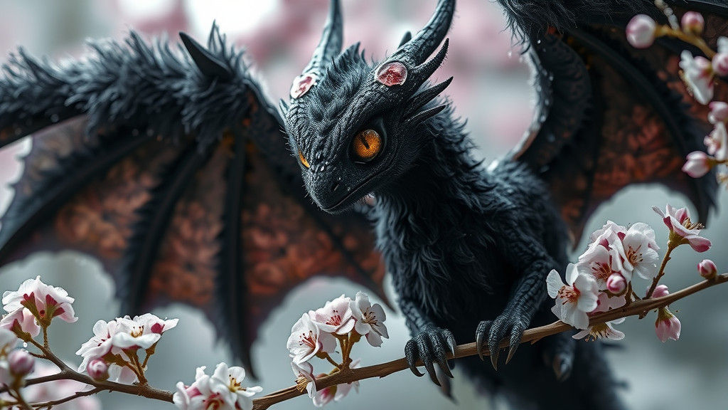 Fluffy Black Wooly Dragon on Cherry Blossoms